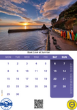 Calendar with a scenic view of Boat Cove at Sunrise, featuring a sunset over water and a dock.