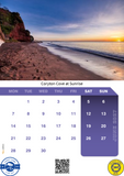 Calendar with a beach scene at Coryton Cove at Sunrise, featuring a sunset over a cliff and ocean.